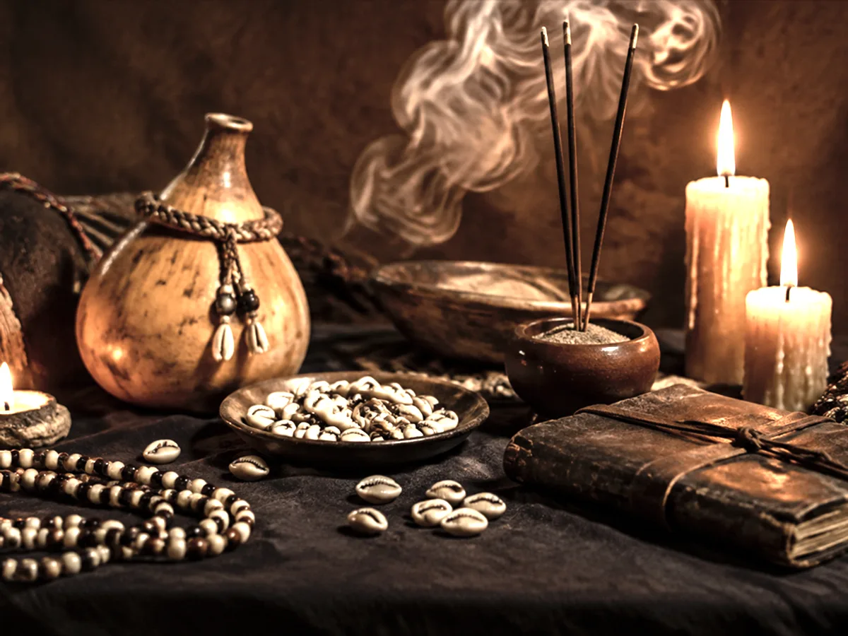 Table de travail du marabout garnie de cauris, de bougies allumées et d’un carnet relié de cuir