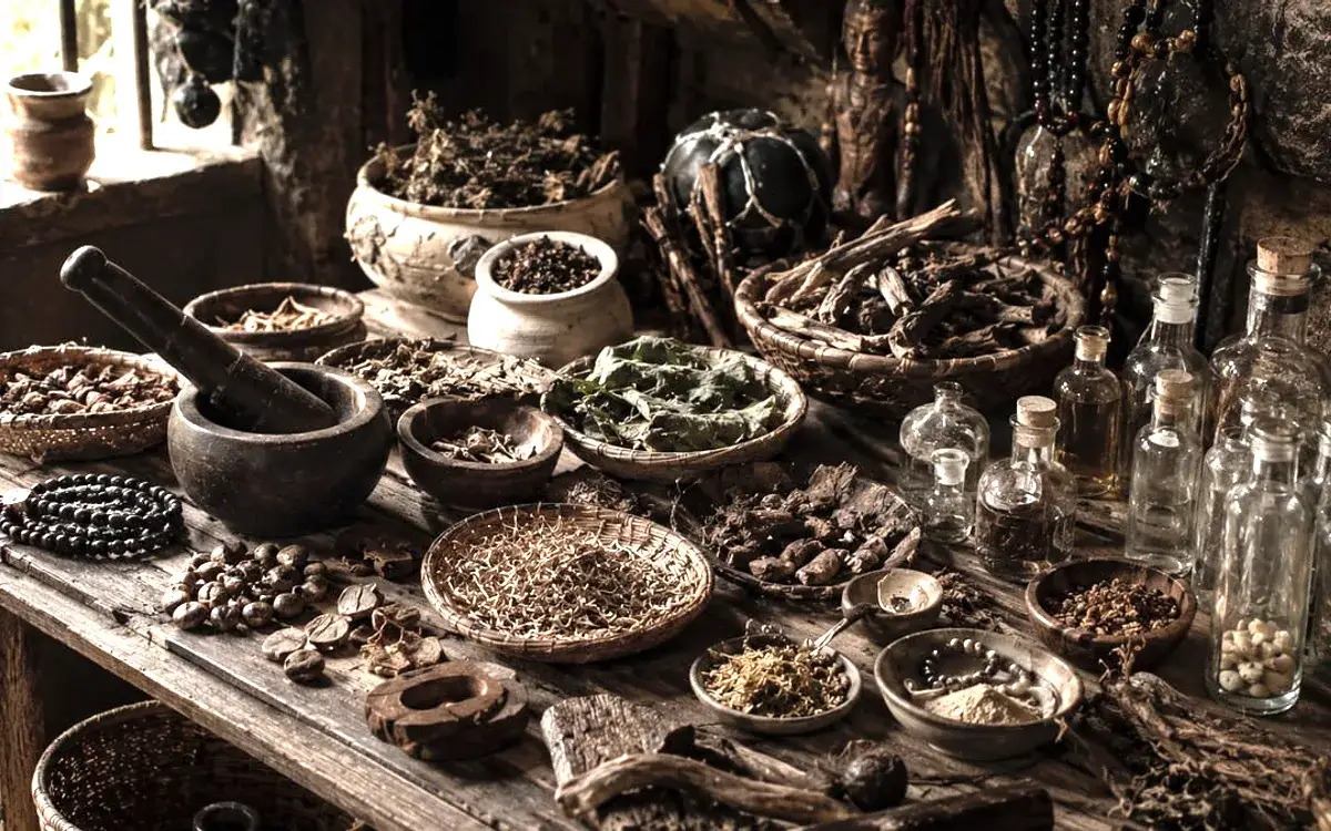 Mortier en bois, écorces et petites fioles posés sur une table